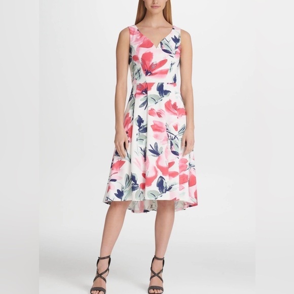 DKNY Dresses Floral Dresses DKNY Womens Pink Sleeveless V Neck Midi Fit Flare - Picture 1 of 11